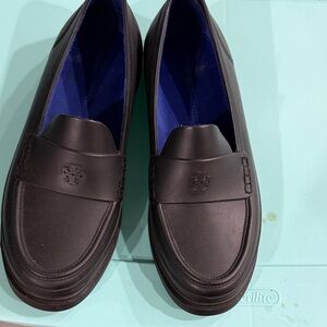 Tory Burch Black Leather Loafers with Blue Lining